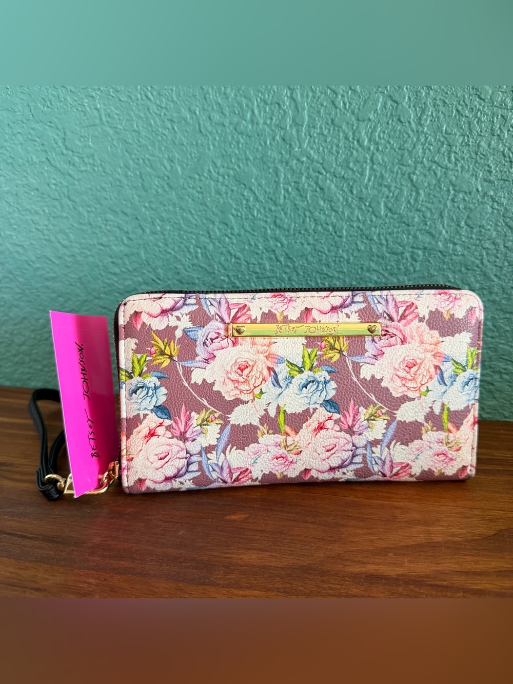 Betsey Johnson Pink Floral Zip Wallet with Gold Accent